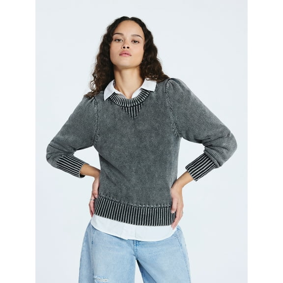 Scoop Women’s Acid Wash Cotton Sweater with Long Puff Sleeves, Midweight, Sizes XS-XXL
