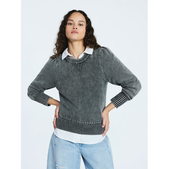 Scoop Women’s Acid Wash Cotton Sweater with Long Puff Sleeves, Midweight, Sizes XS-XXL