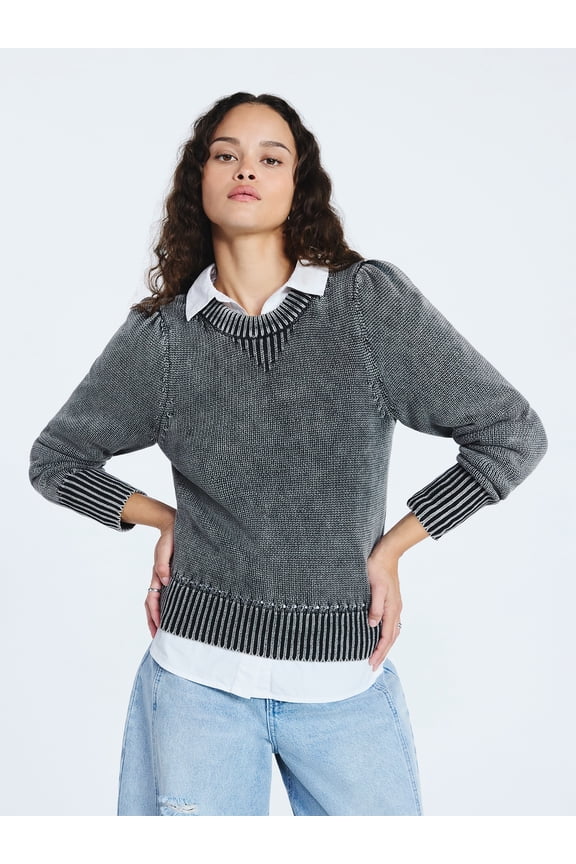 Women’s Acid Wash Cotton Sweater with Long Puff Sleeves, Midweight, Sizes XS-XXL