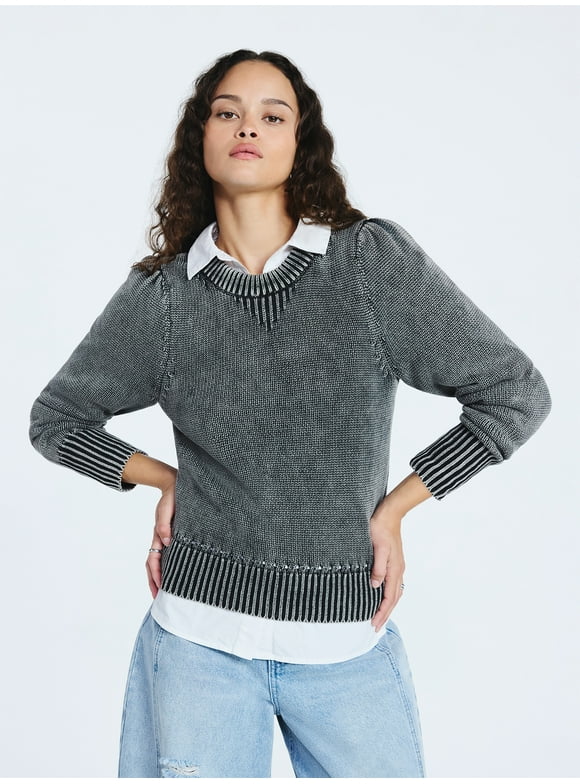 Women’s Acid Wash Cotton Sweater with Long Puff Sleeves, Midweight, Sizes XS-XXL