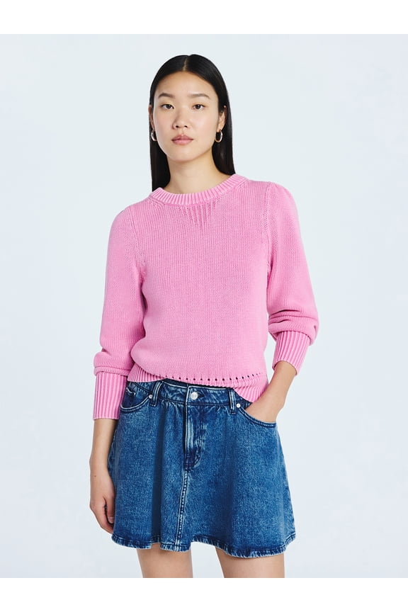 Women’s Acid Wash Cotton Sweater with Long Puff Sleeves, Midweight, Sizes XS-XXL