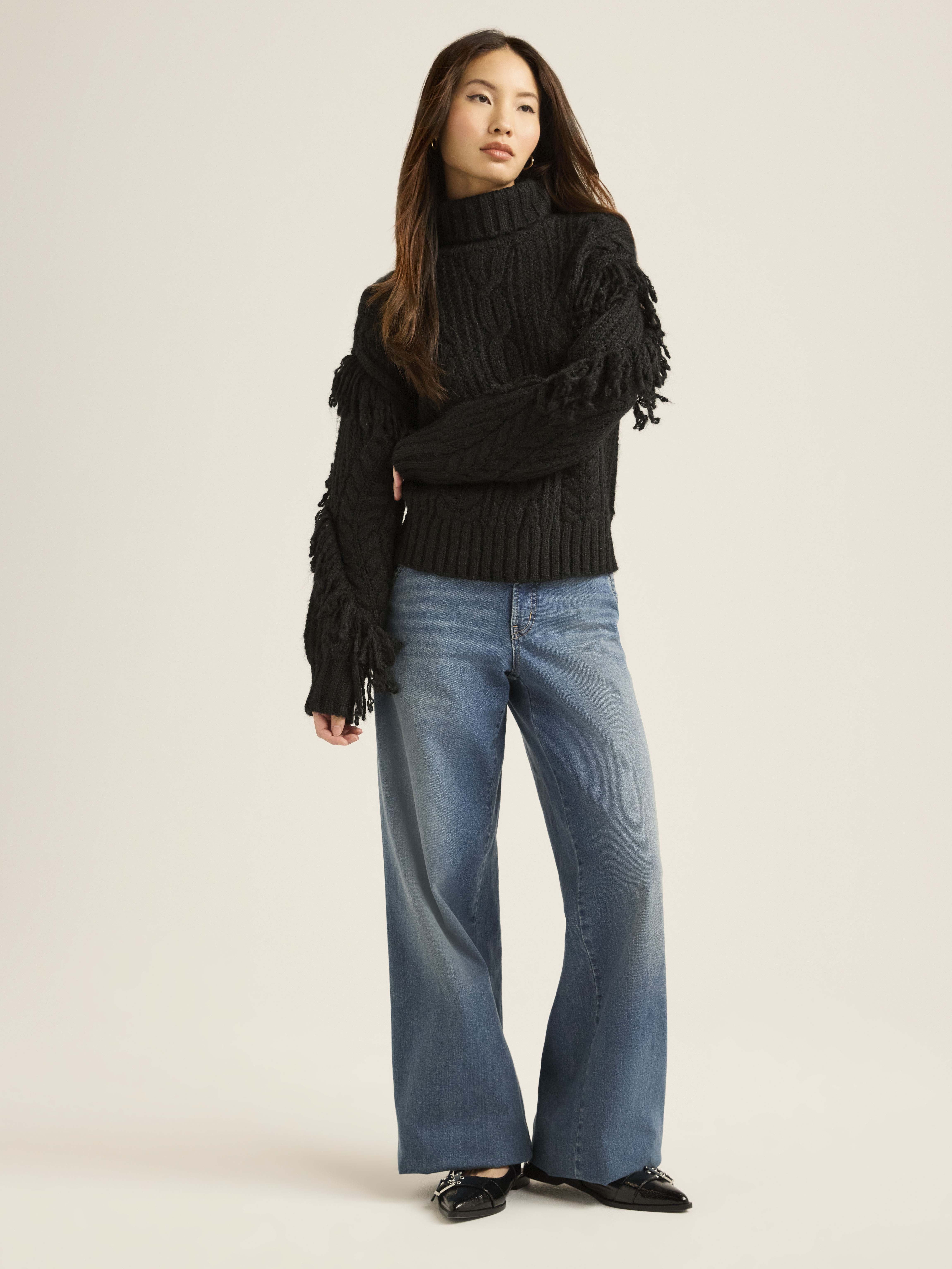 Scoop Women’s and Women's Plus Cable Knit Turtleneck Sweater with Fringe, Midweight, Sizes XS-4X