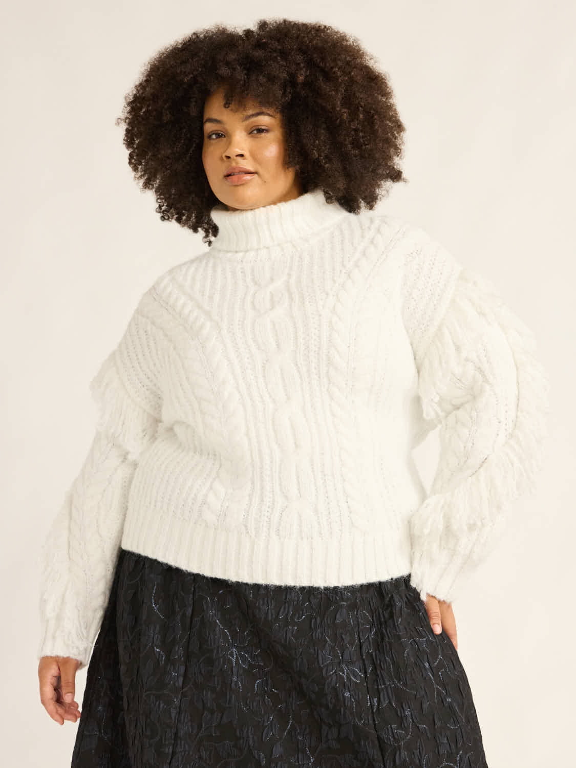 Scoop Women’s Plus Cable Knit Turtleneck Sweater with Fringe, Midweight
