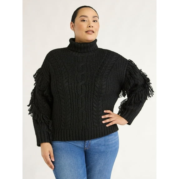 Scoop Women’s and Women's Plus Cable Knit Turtleneck Sweater with Fringe, Midweight, Sizes XS-4X