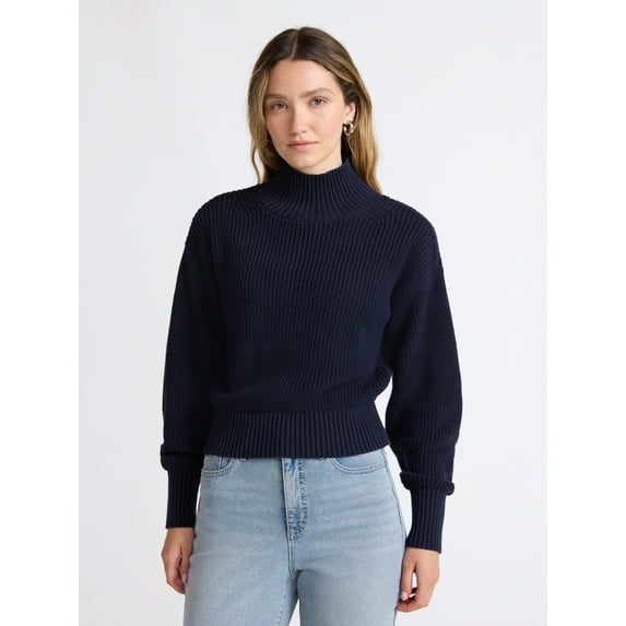 Scoop Women’s Cotton Boxy Ribbed Turtleneck Sweater, Midweight, Size XS-XXL