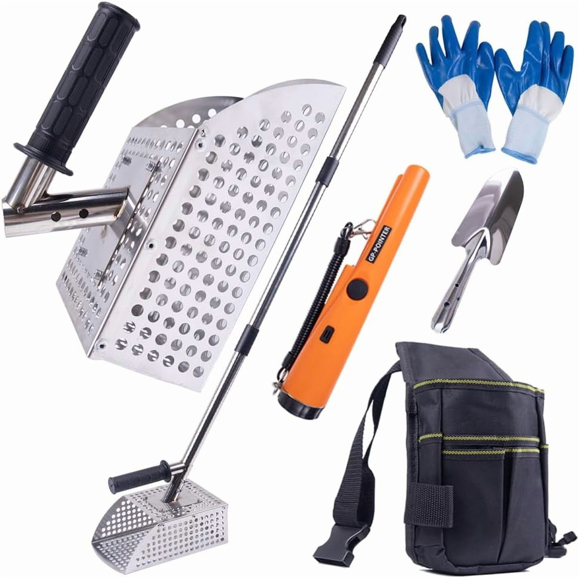 Sand Scoop for Metal Detecting, Heavy Duty Stainless Steel Sand Scoop with Long Handle,Includes 1 Metal Detector Pinpointer,1 Shovel,1 Carry Bag,One Pair of Gloves