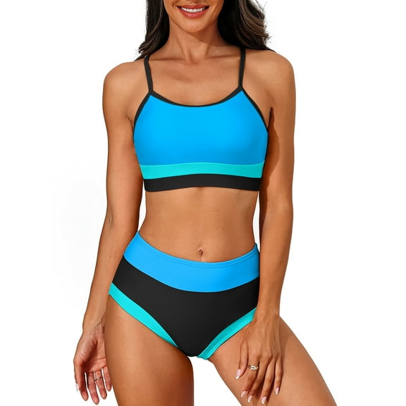 Scoop Neck Bikini Sets for Womens Adjustable Straps Bathing Suit High Waisted Two Piece Swimsuit