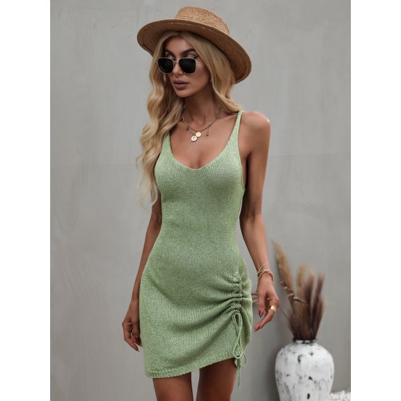 Scoop Neck Drawstring Ruched Knit Summer Dress Above Knee Length