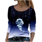 Scoop Neck Pullover Long Sleeve T Shirts Trendy Western Tops for Ladies Loose Tunic Plus Size Tops Womens Fall Fashion Gradient Color Sweatshirts Blue XL