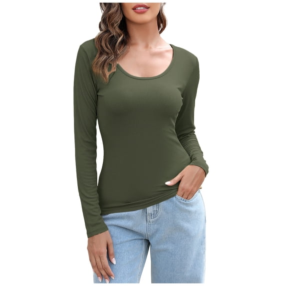 Scoop Neck Rib-knit Tops Womens Long Sleeve Slim Fit Casual Sexy Blouses Solid Color Fall Tee Shirt Tunics (XX-Large, Army Green)
