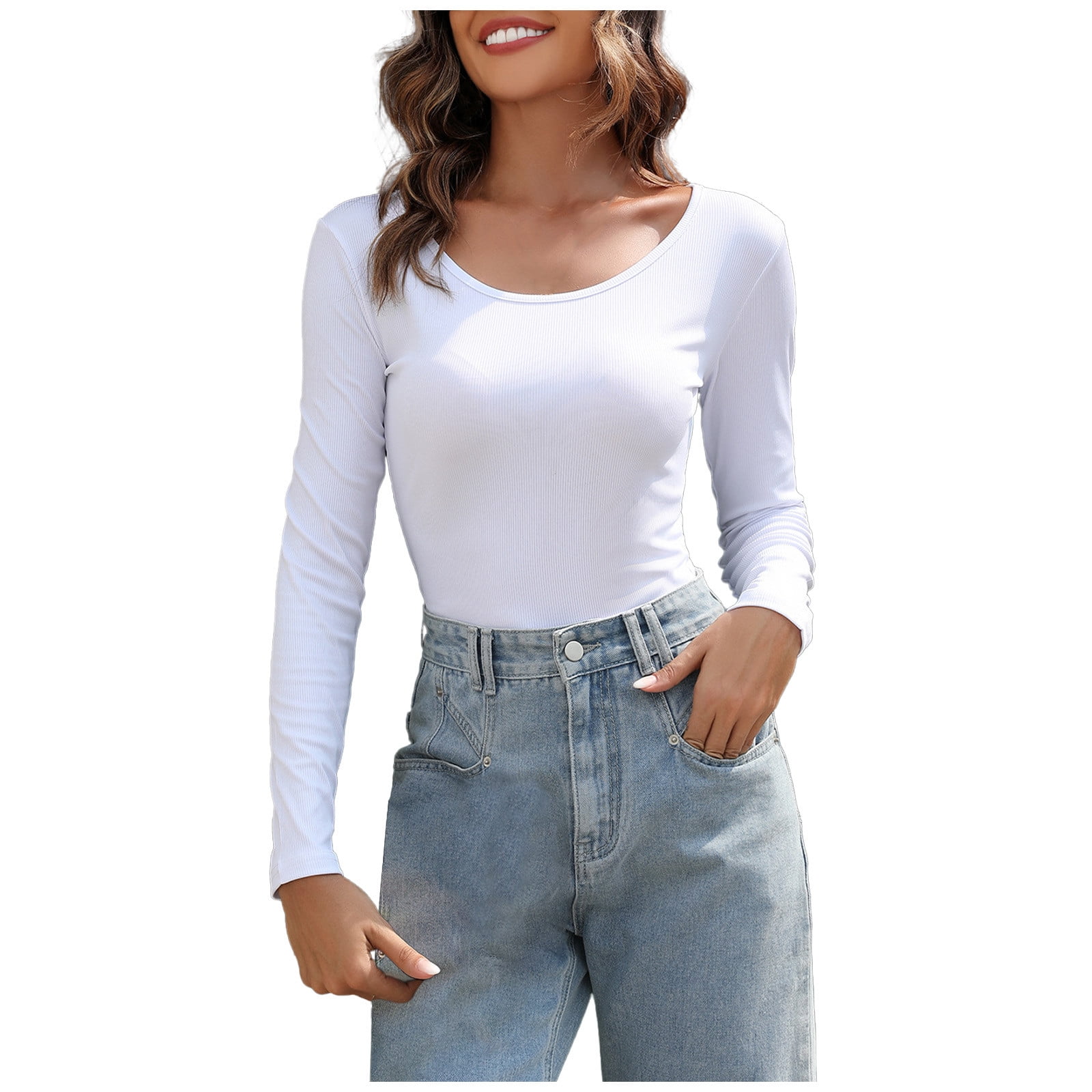 Scoop Neck Rib-knit Tops Womens Long Sleeve Slim Fit Casual