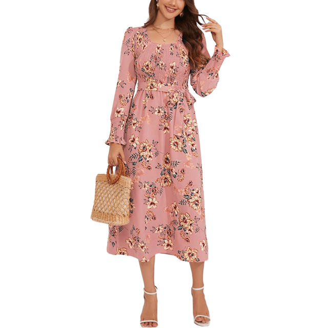 Scoop Neck Shirred Floral Print Dress for Women Mid-Calf Length Pink Large