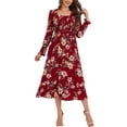 thumbnail image 1 of Scoop Neck Shirred Floral Print Dress for Women Mid-Calf Length Red Small, 1 of 4
