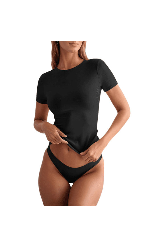 Scoop Neck Short Sleeve Crop Tops Slim Fit Tees