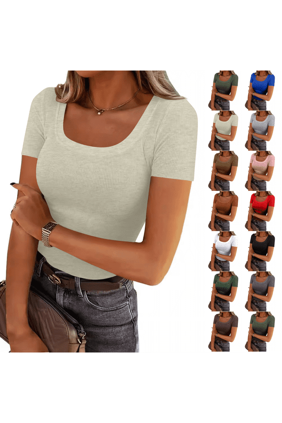 Scoop Neck Tops for Women 2026 Cute Summer Soft Ribbed Short Sleeve Tops Casual Fitted Cropped T Shirts Basic Tees Beige L