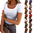 thumbnail image 1 of Scoop Neck Tops for Women 2026 Cute Summer Soft Ribbed Short Sleeve Tops Casual Fitted Cropped T Shirts Basic Tees White M, 1 of 8