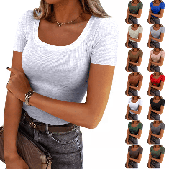 Scoop Neck Tops for Women 2026 Cute Summer Soft Ribbed Short Sleeve Tops Casual Fitted Cropped T Shirts Basic Tees White M