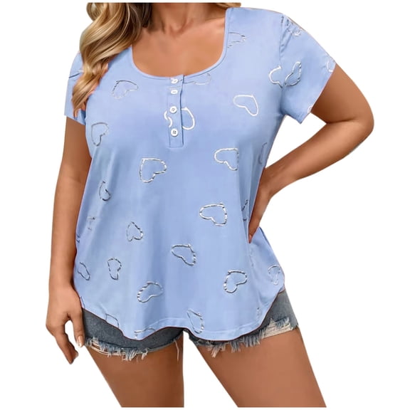 Scoop Neck Tops for Women Love Heart Printed Button Shirts Fashion Casual Loose Fit Blouses Short Sleeve Tees (2XL, Blue)