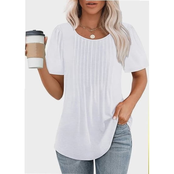 Scoop Neck Women Pleated Short Sleeve T Shirt Dressy Casual Summer Blouse Top