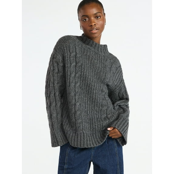Scoop Women’s Oversized Cable Knit Sweater, Midweight, Size XS-XXL
