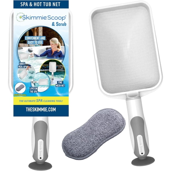 Scoop - Patented Handheld Skimmer with Fine Mesh Net for Spa, Hot Tub, Cold Plunge and Small Pool Cleaning - Lightweight and Durable with Powerful Suction Cup - Clean Out Filter (White)