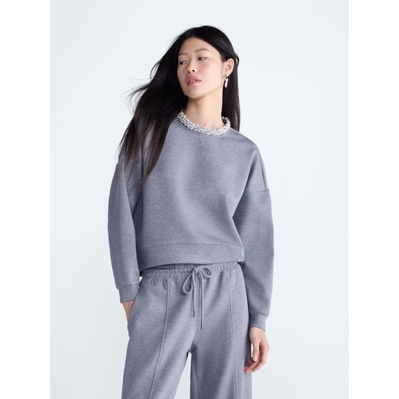 Scoop Women's and Women's Plus Scubaknit Pearl Embellished Sweatshirt, Sizes XS-4X