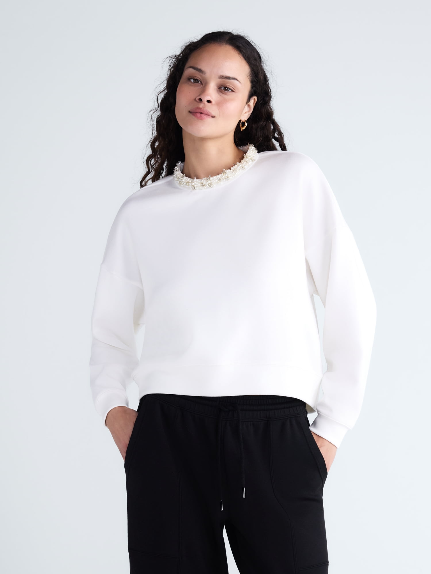 Scoop Women's and Women's Plus Scubaknit Pearl Embellished Sweatshirt, Sizes XS-4X