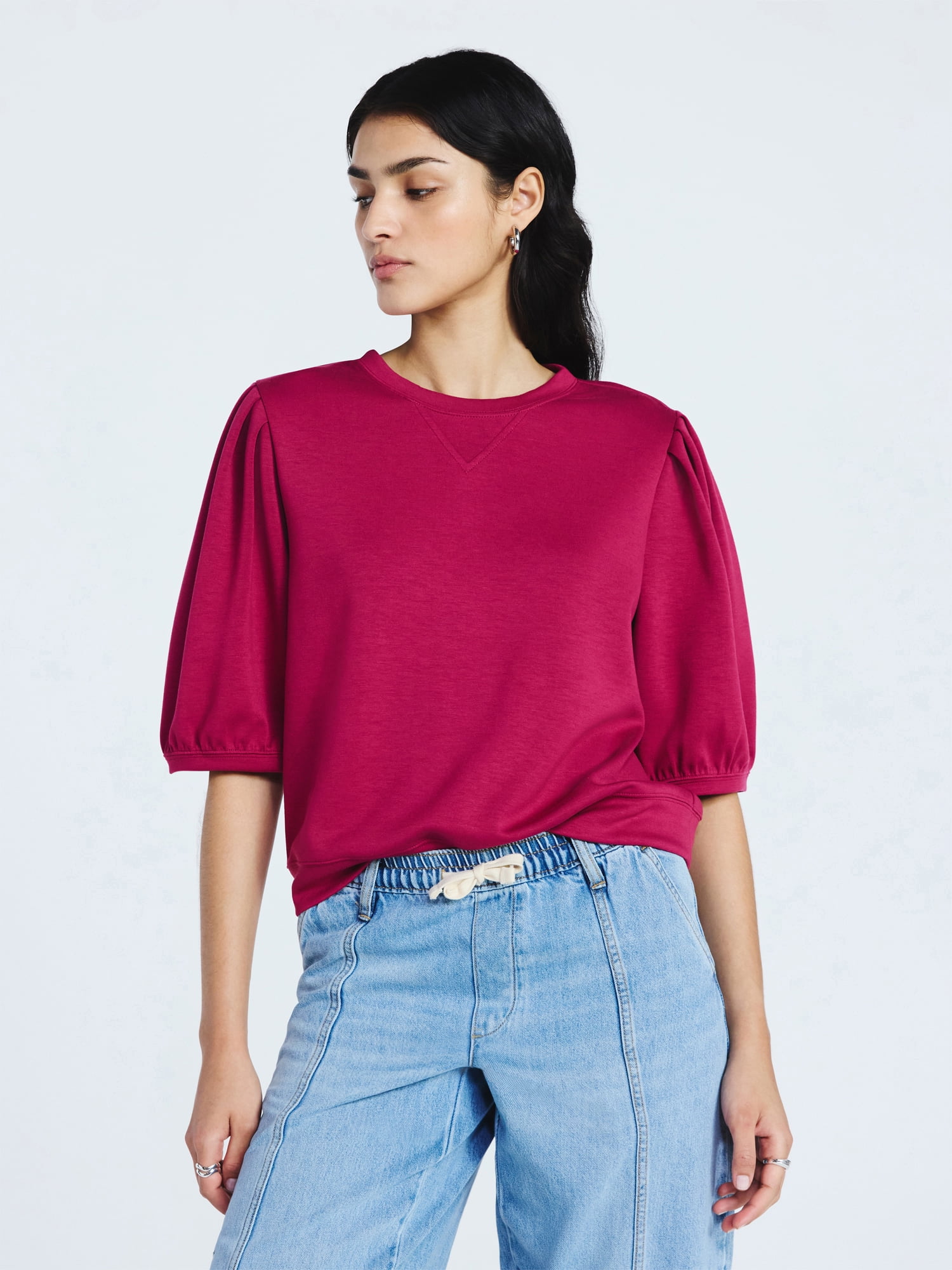 Women's and Women's Plus New Scubaknit Pleated Sleeve Top, Sizes XS-4X
