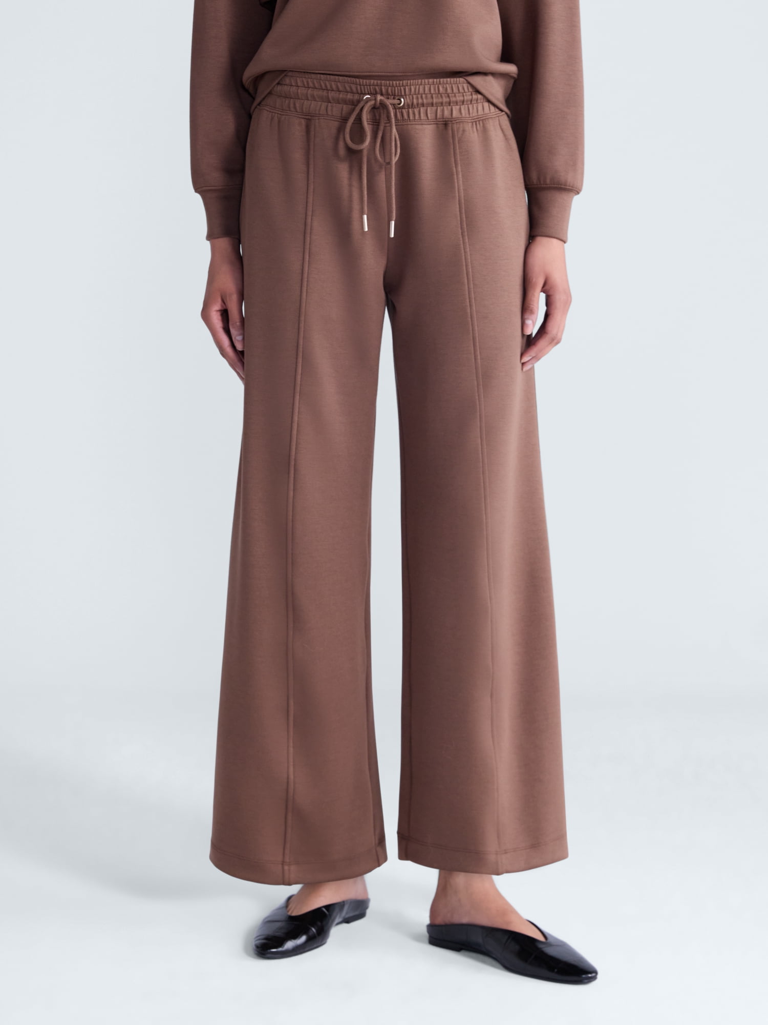 Scoop Women's and Women's Plus Scubaknit Wide Leg Tie Waist Seamed Pants, Regular, Short Lengths, Sizes XS-4X