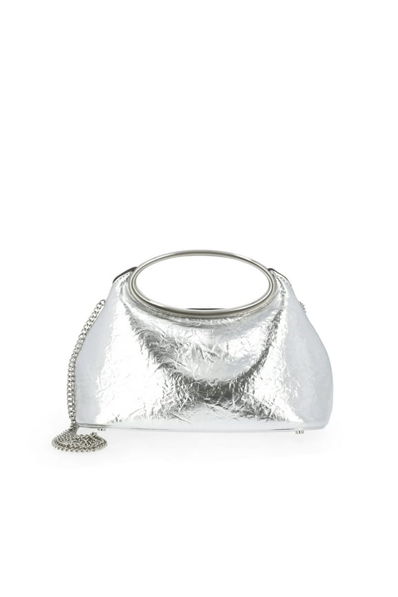 Women’s Metallic Faux Leather Top Handle Clutch, Silver Tone