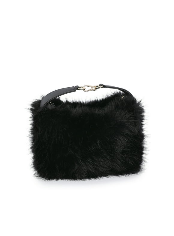 Women's Faux Fur Top Handle Mini Bag, Black