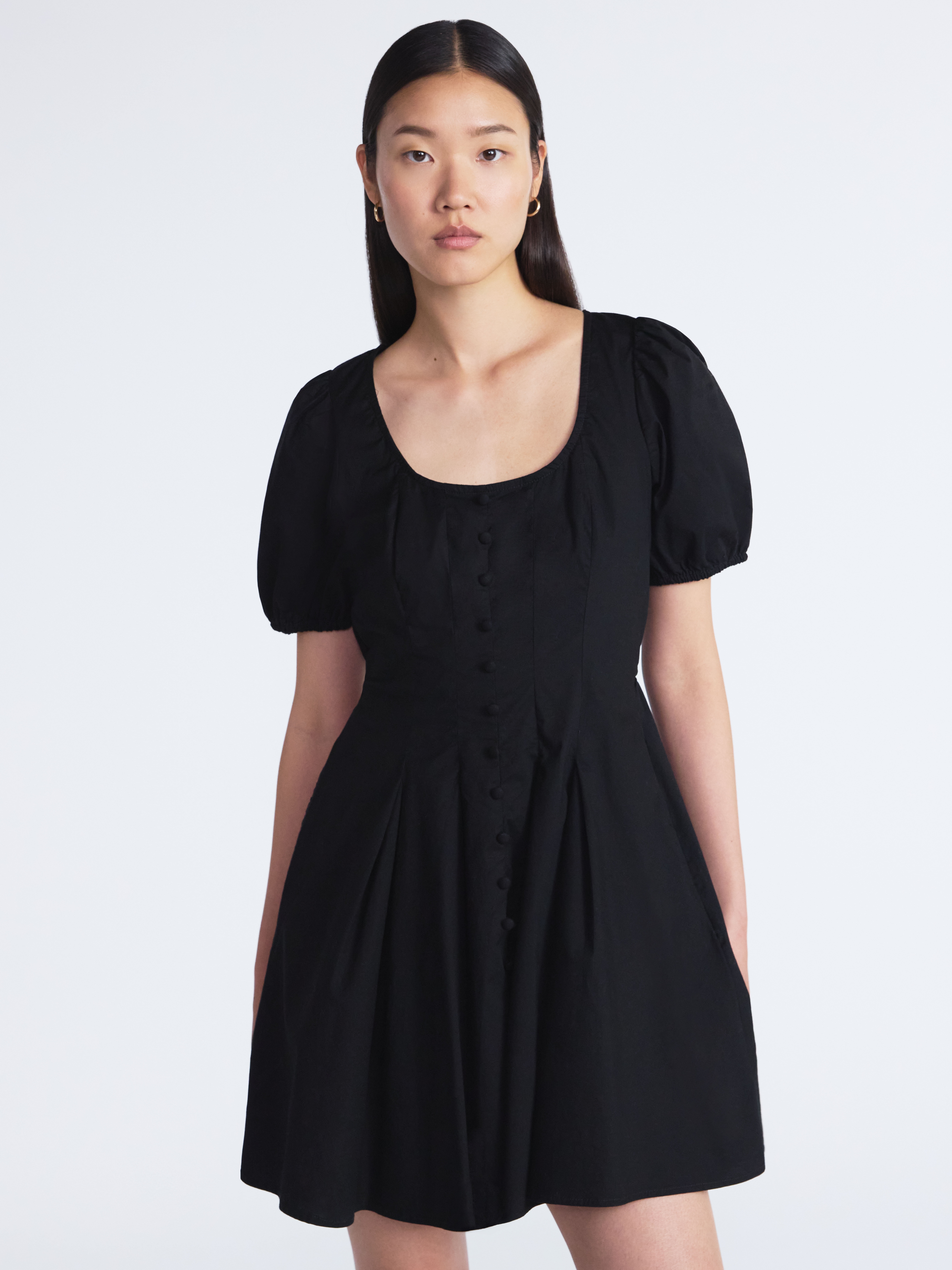 knee length dresses for ladies Black V Neck Pleated Front Tie Cotton Mini Dress main image 1