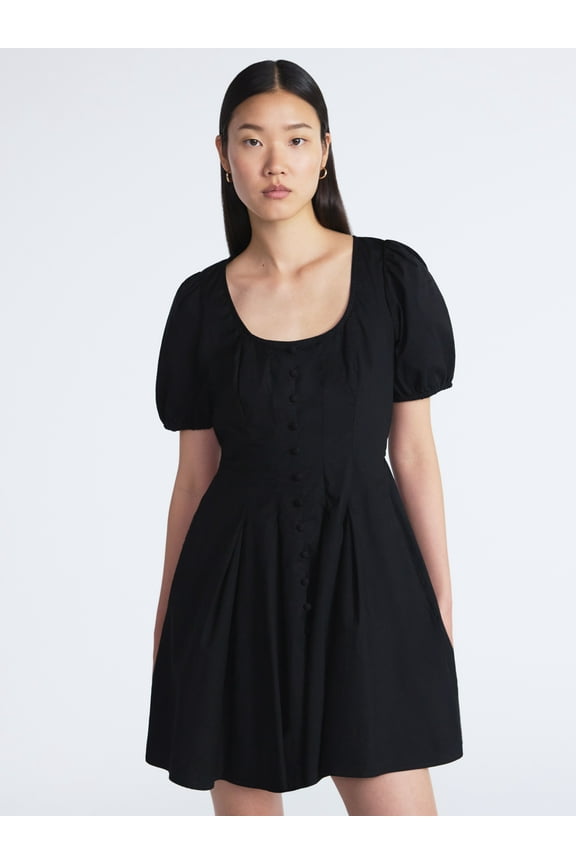 Women’s Pleated Mini Dress with Puff Sleeves, Sizes XS-XXL