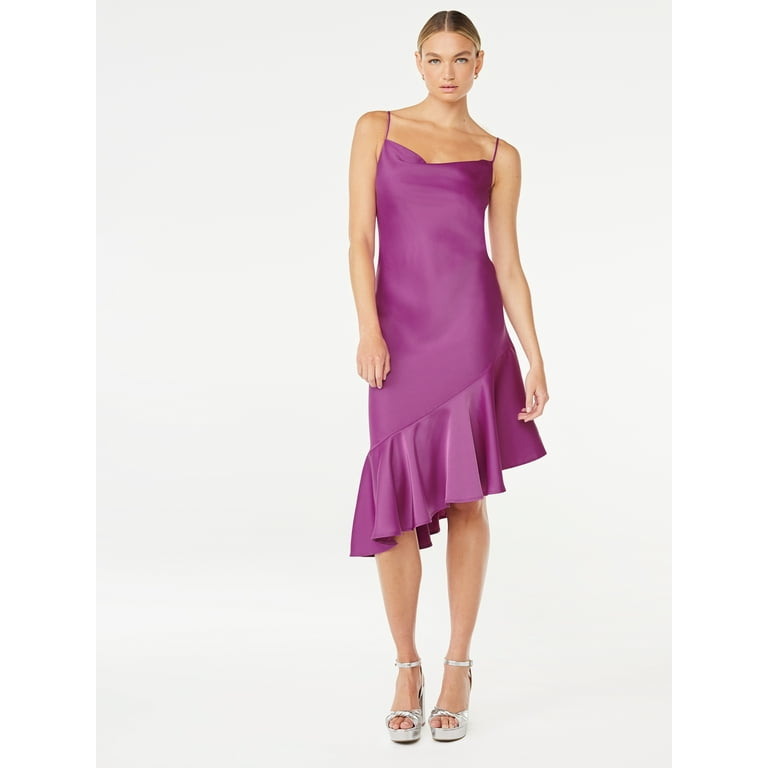 Scoop Women's Asymmetrical Satin Ruffle Cami Dress, Sizes XS-XXL 