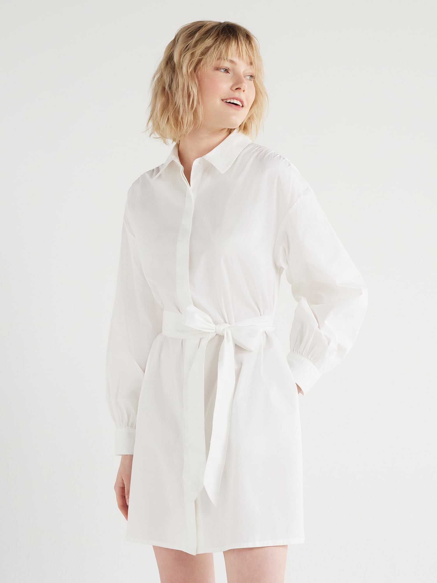 balloon sleeve shirt dress Shirt Dress Balloon Sleeve Waist Pleated Mini Fit & Flare White / Large