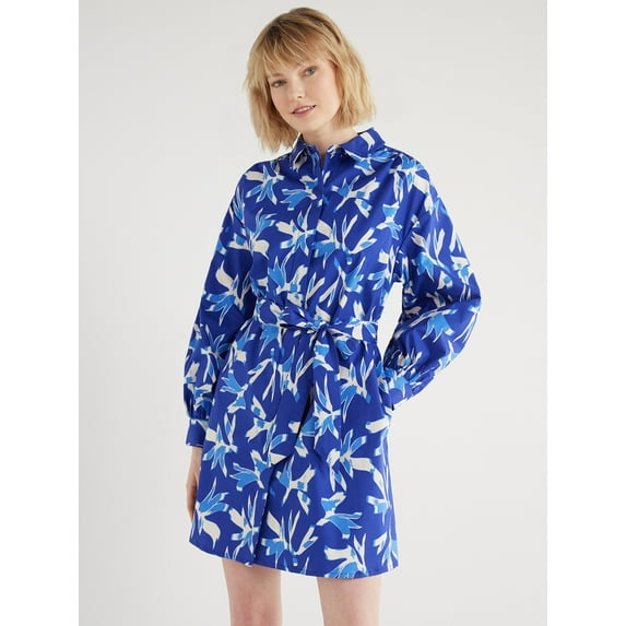 Scoop Women's Balloon Sleeve Poplin Shirtdress with Pockets, Sizes XS-XXL