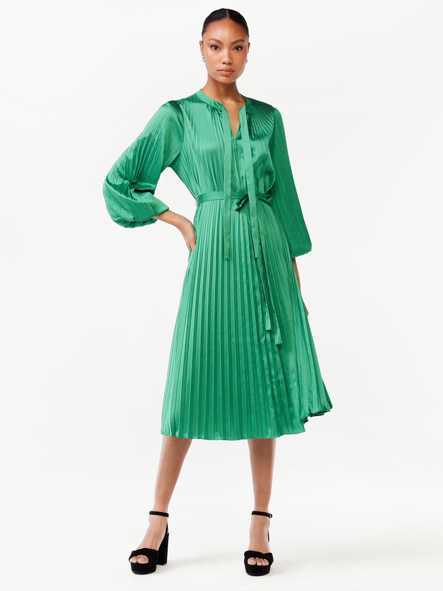 scoop women's blouson sleeve belted waist pleated oversized midi dress Pleated Belted Midi Dress (Women)