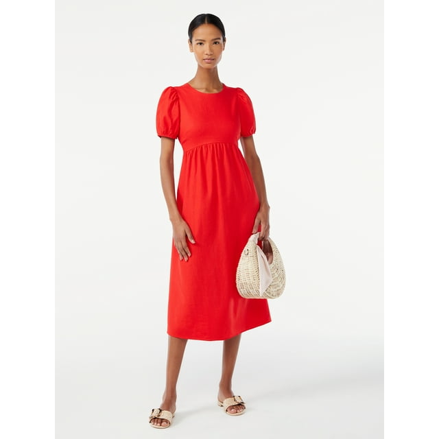Scoop Women's Bow Back Midi Dress with Puff Sleeves - Walmart.com
