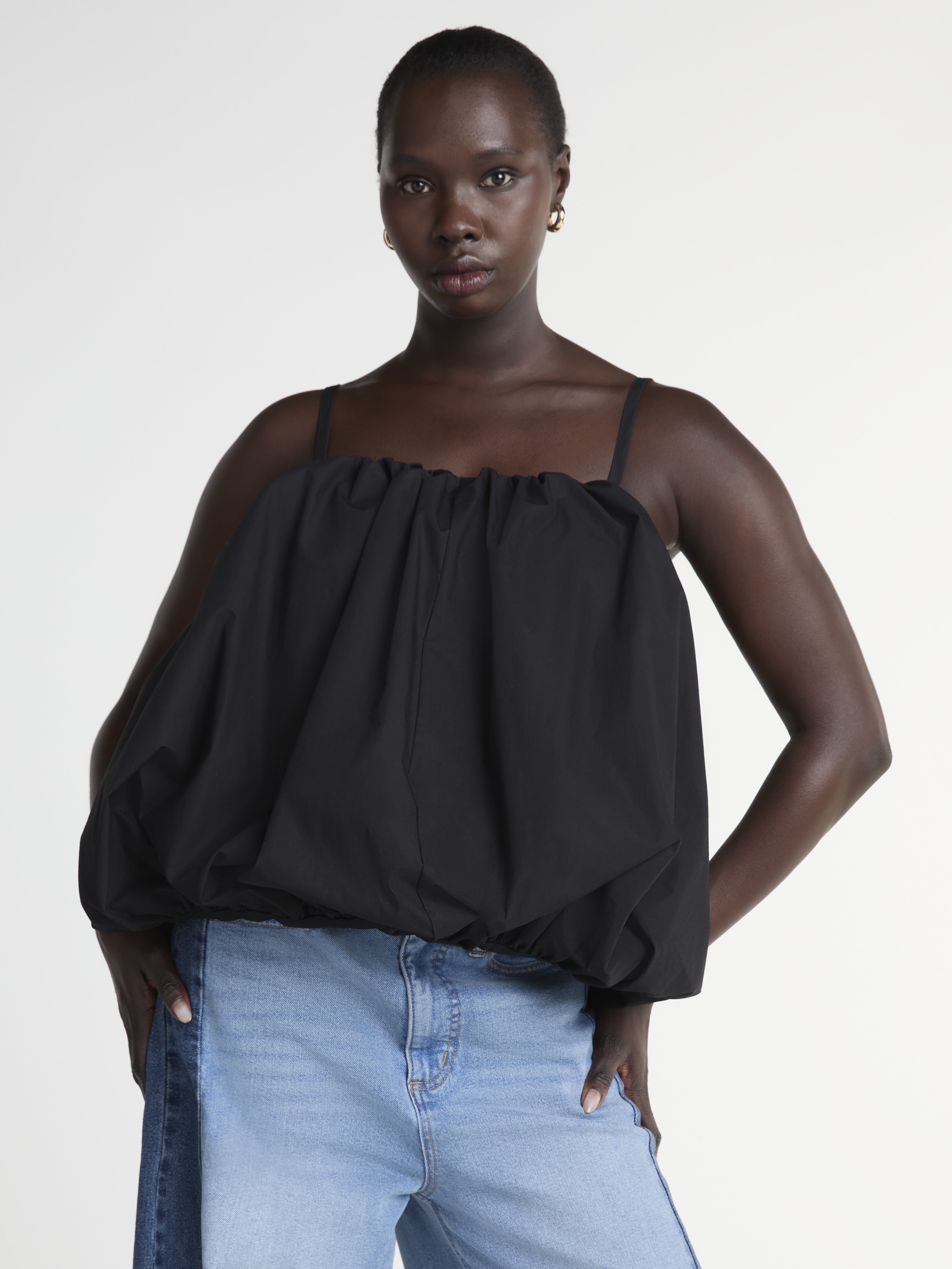 バブルス bubbles Open neck rib tops Black Scoop Women's Bubble Hem