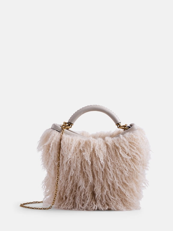 Women's Chain Top Handle Mini Faux Fur Bag, Beige