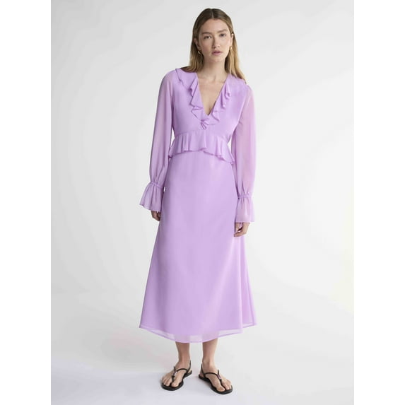 Scoop Women’s Chiffon Ruffle Maxi Dress with Long Sleeves, Sizes XS-XXL