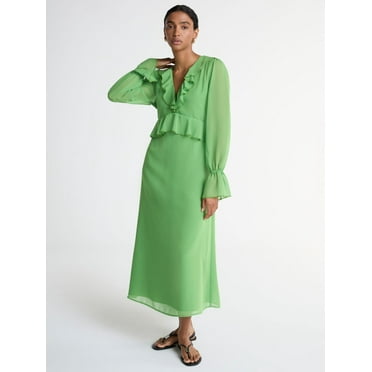 Scoop Women’s Chiffon Ruffle Maxi Dress with Long Sleeves, Sizes XS-XXL