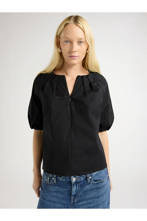 Women's Cotton Poplin Pleated Zip Front Top, Sizes XS-XL