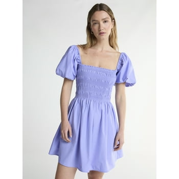 Scoop Women’s and Women's Plus Cotton Smocked Mini Dress with Puff Sleeves, Sizes XS-4X