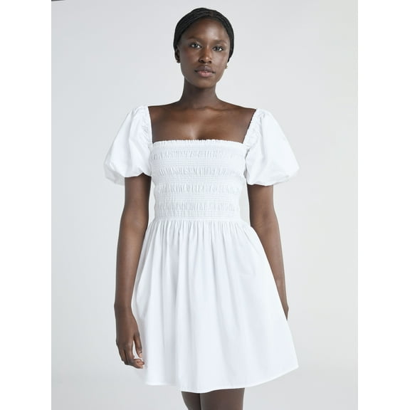 Scoop Women’s and Women's Plus Cotton Smocked Mini Dress with Puff Sleeves, Sizes XS-4X