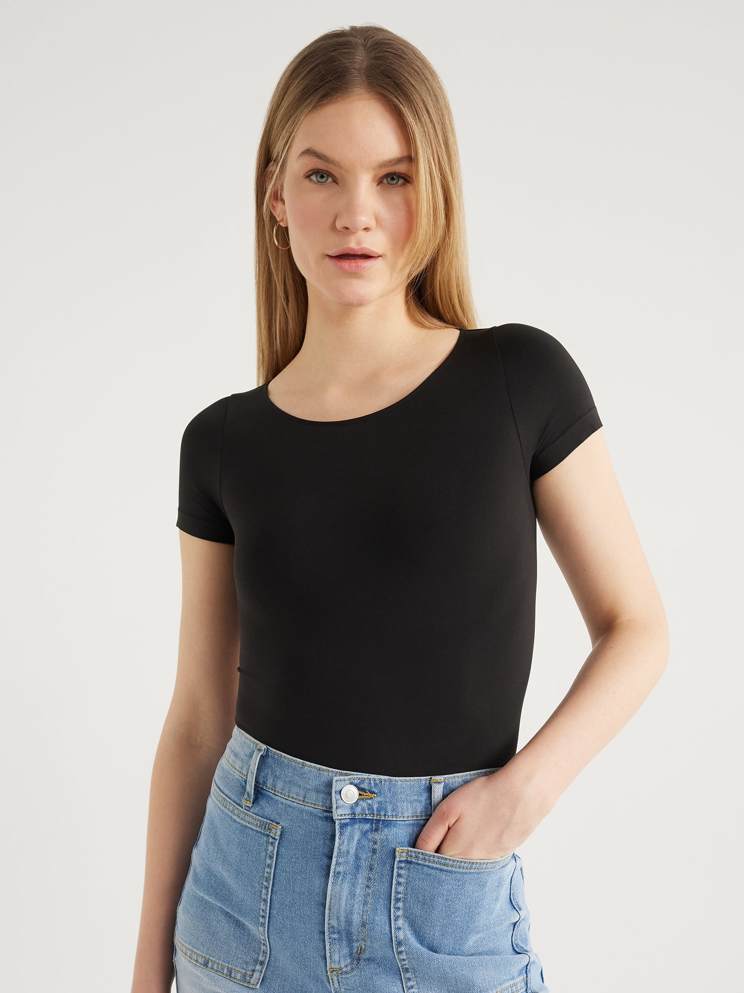 Scoop Women’s Crew Neck Bodysuit with Short Sleeves, Sizes XS-XXL