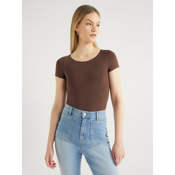Scoop Women’s Crew Neck Bodysuit with Short Sleeves, Sizes XS-XXL