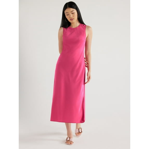 Scoop Women's Crew Neck Satin Midi Tank Dress, Sizes XS-XXL