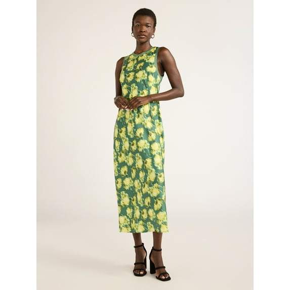 Scoop Women's Crew Neck Satin Midi Tank Dress, Sizes XS-XXL