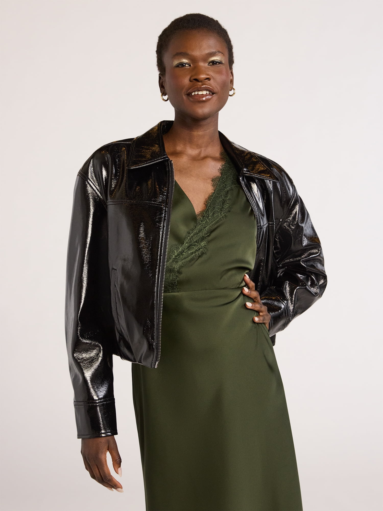 Scoop Women's Crinkle Faux Patent Leather Cropped Bomber
